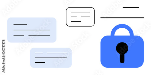 Blue lock icon with keyhole on the right various text bubbles scattered around. Ideal for digital security, encryption, communication, privacy, and data protection themes. Minimalist design