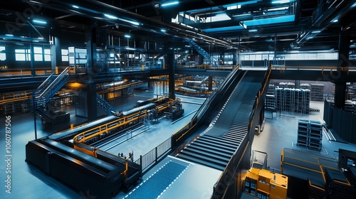 Modern Factory Hall with Conveyor Belts. AI generated illustration