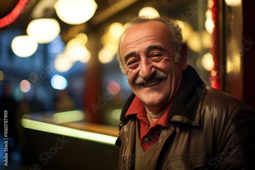 Portrait of a senior man at night in Paris, France.