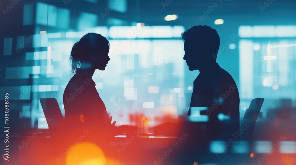 Silhouette of business people work together in office. Concept of teamwork and partnership. double exposure with network effects. Silhouette of business people work together in office. Concept of teamwork and partnership. double exposure with network effects.
