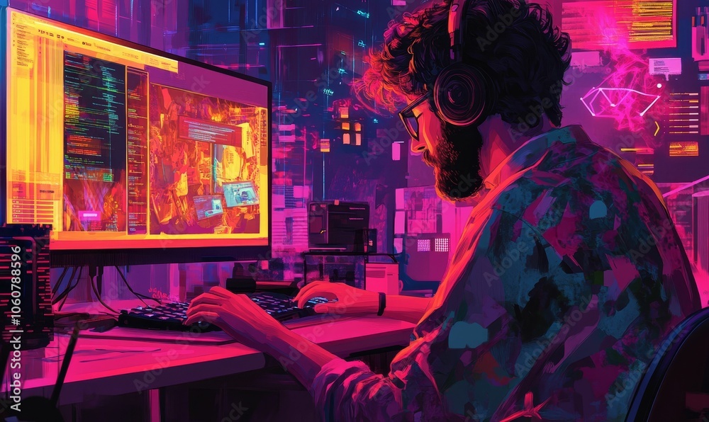 Man wearing headphones coding at a desk in a colorful