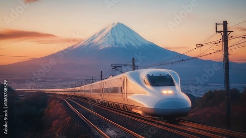 N700 Shinkansen Bullet Train with Mount Fuji at Sunset. AI generated illustration