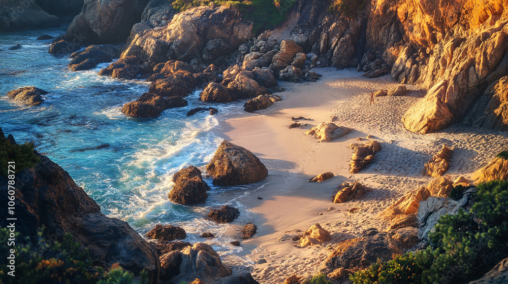 secluded beach cove with blue water and golden rocks in california secluded beach cove with blue water and golden rocks in california