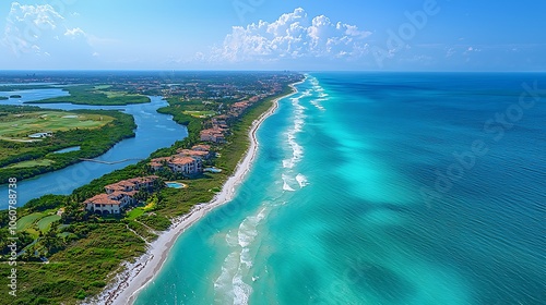 Aerial View of Coastal Town with Blue Water