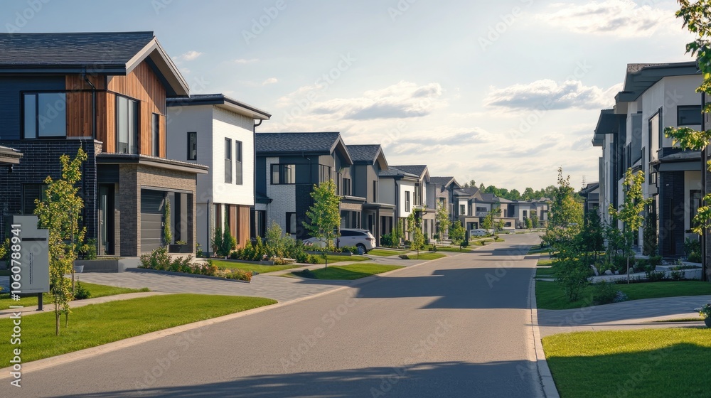 A picturesque view of modern houses lined up on a road, featuring sleek designs and attractive surroundings. A picturesque view of modern houses lined up on a road, featuring sleek designs and attractive surroundings.