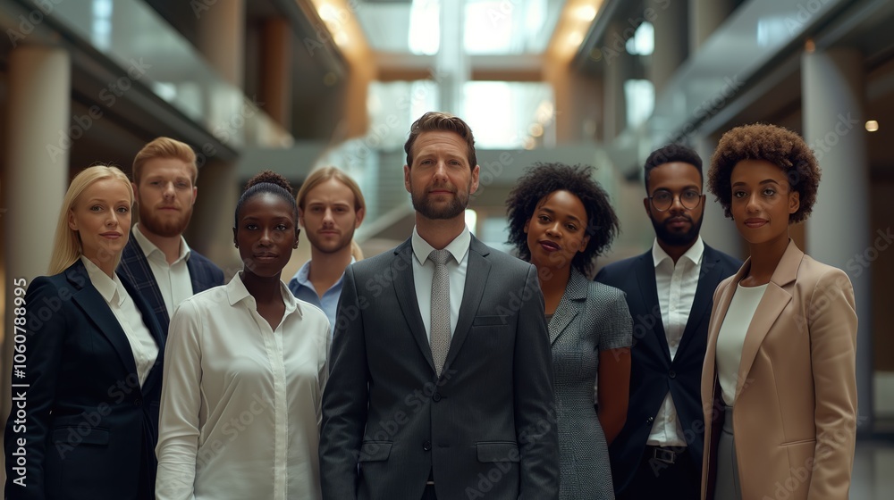 A portrait of cheerful business professionals standing in a group, symbolizing collaboration and success in the workplace. A portrait of cheerful business professionals standing in a group, symbolizing collaboration and success in the workplace.