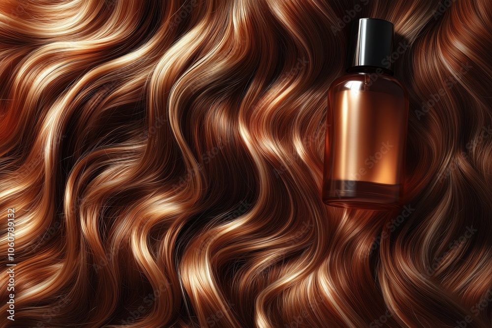 Naklejka premium Hair care product bottle on glossy, wavy, brown and blonde hair.