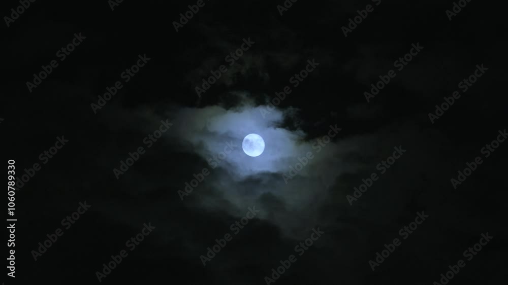 Full Moon Shining in Night Sky - Clouds - Close-up Shot