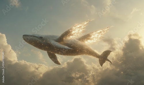 A whale with wings flies through the clouds.