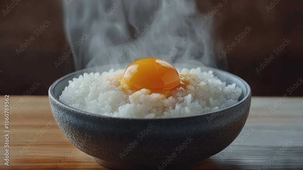 Steaming Rice Bowl with Egg Yolk Center. AI generated illustration Steaming Rice Bowl with Egg Yolk Center. AI generated illustration