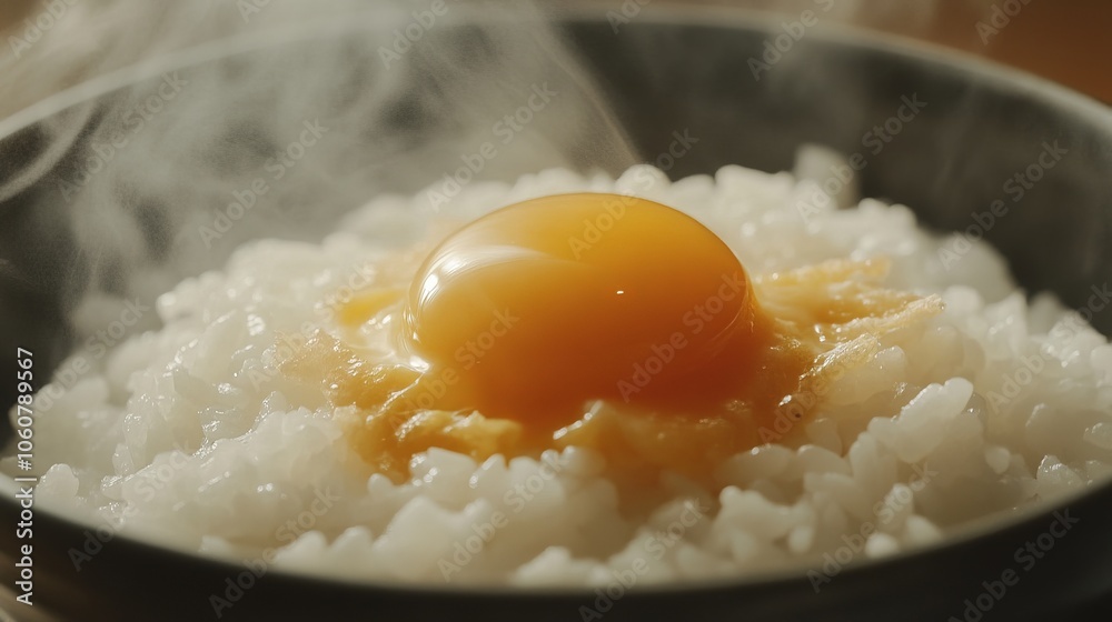 Steaming Rice Bowl with Egg Yolk Center. AI generated illustration Steaming Rice Bowl with Egg Yolk Center. AI generated illustration