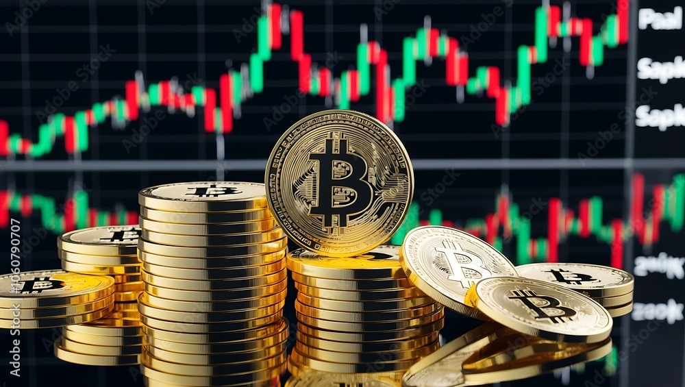 Obraz premium Monety Bitcoin na tle wykresu giełdowego