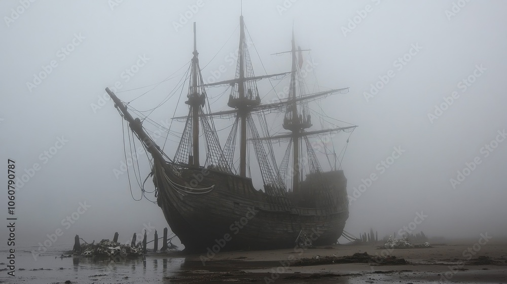 Ghostly Pirate Ship Anchored in the Mist Ghostly Pirate Ship Anchored in the Mist