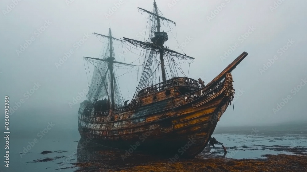 Haunting Ship Wreck Shrouded in Mist and Mystery Haunting Ship Wreck Shrouded in Mist and Mystery