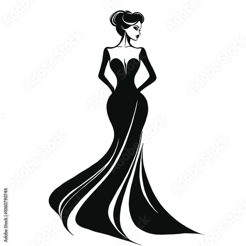 Beautiful woman in evening gown, minimalistic vector illustration with simple shapes and lines, black and white design, elegant silhouette