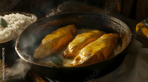 Steaming Hot Fish Fillet with Rice, Closeup, Delicious Food