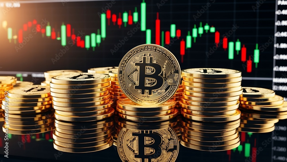 Monety Bitcoin na tle wykresu giełdowego