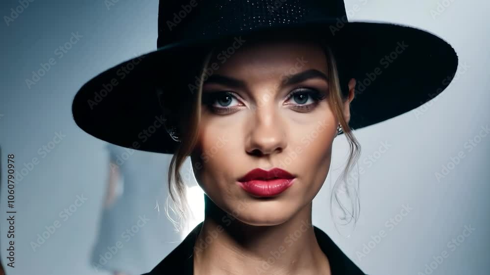 Chic woman in black hat with red lipstick and smoky eye makeup