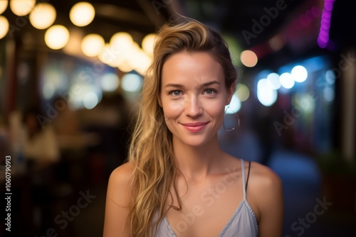 Portrait of a beautiful young woman in the city at night.