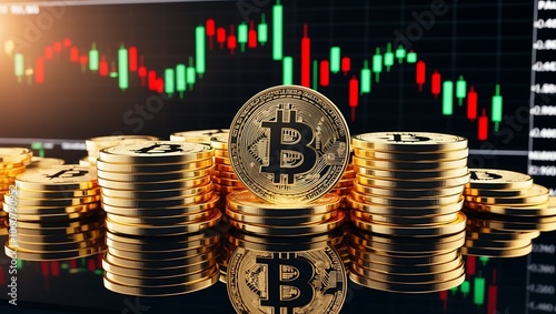 Obraz na płótnie Monety Bitcoin na tle wykresu giełdowego w salonie