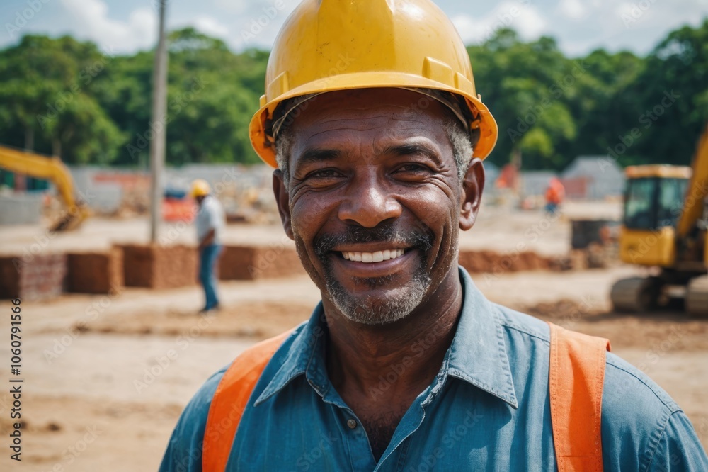 Close portrait of a smiling senior Belizean man construction worker looking at the camera, Belizean outdoors construction site blurred background Close portrait of a smiling senior Belizean man construction worker looking at the camera, Belizean outdoors construction site blurred background