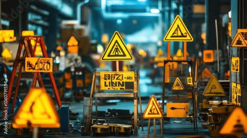 Safety signage displayed throughout a busy construction site