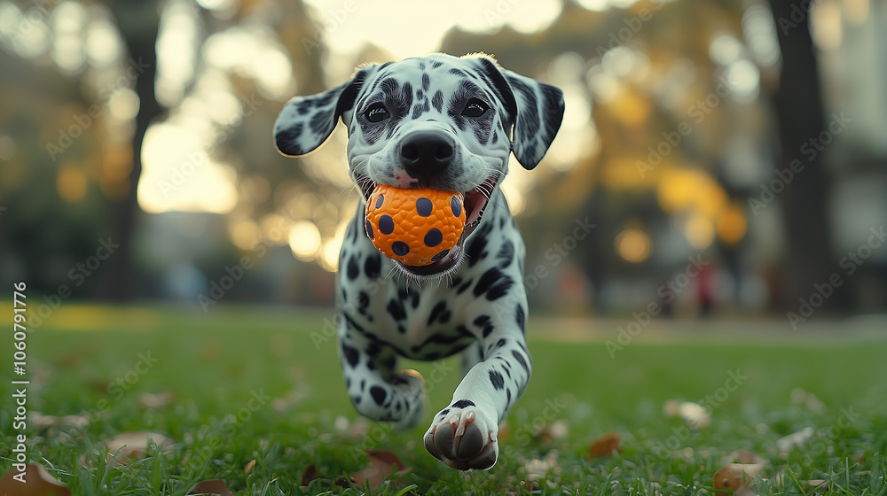 Dalmatian joyfully running in a park with a chew toy in its mouth: The Dalmatianâs legs are extended, and it holds a colorful chew toy, looking content and happy. The green grass a Dalmatian joyfully running in a park with a chew toy in its mouth: The Dalmatianâs legs are extended, and it holds a colorful chew toy, looking content and happy. The green grass a