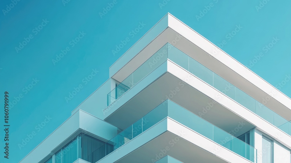 Detail of Modern residential apartment flat building exterior. Fragment of New luxury house and home complex. Part of City Real estate property and condo architecture. Copy space. Blue sky. Detail of Modern residential apartment flat building exterior. Fragment of New luxury house and home complex. Part of City Real estate property and condo architecture. Copy space. Blue sky.