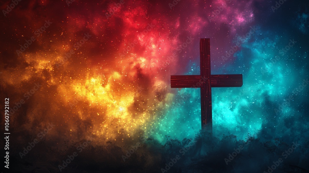 A striking representation of the crucifixion surrounded by vibrant cosmic colors illustrating the profound impact of sacrifice and redemption A striking representation of the crucifixion surrounded by vibrant cosmic colors illustrating the profound impact of sacrifice and redemption