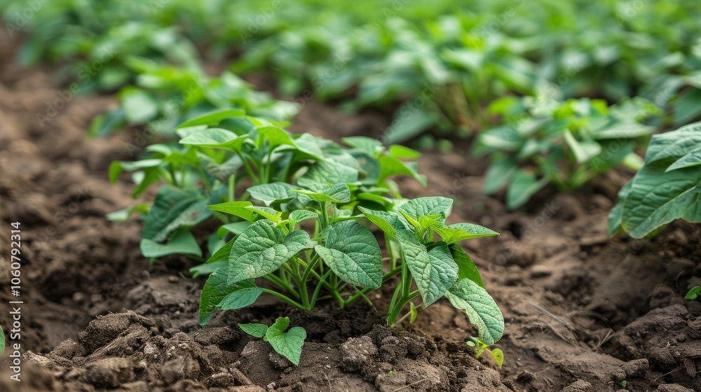A close-up view of a row of young green plants growing in rich, brown soil. The vibrant leaves are a sign of healthy growth and promise of a bountiful harvest. A close-up view of a row of young green plants growing in rich, brown soil. The vibrant leaves are a sign of healthy growth and promise of a bountiful harvest.
