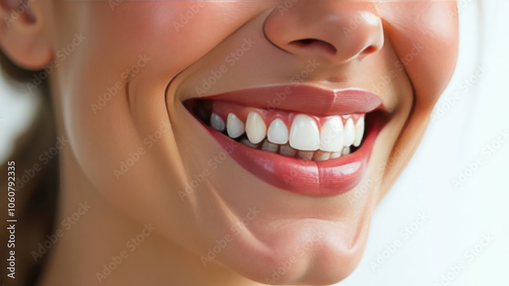 Fototapeta premium Laughing woman mouth with beautiful healthy white teeth on a white background. Place for text