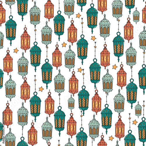 Arabian lanterns seamless pattern with hand drawn doodles for islamic holidays prints, wallpaper, backgrounds, packaging, textile, etc. EPS 10