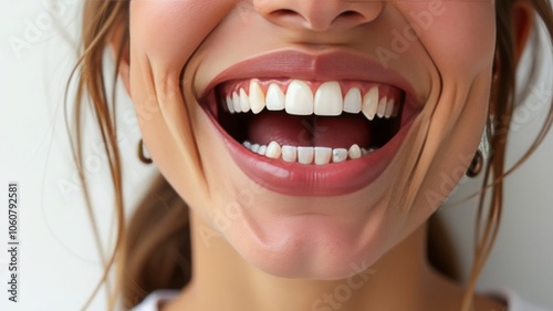 Laughing woman mouth with beautiful healthy white teeth on a white background. Place for text