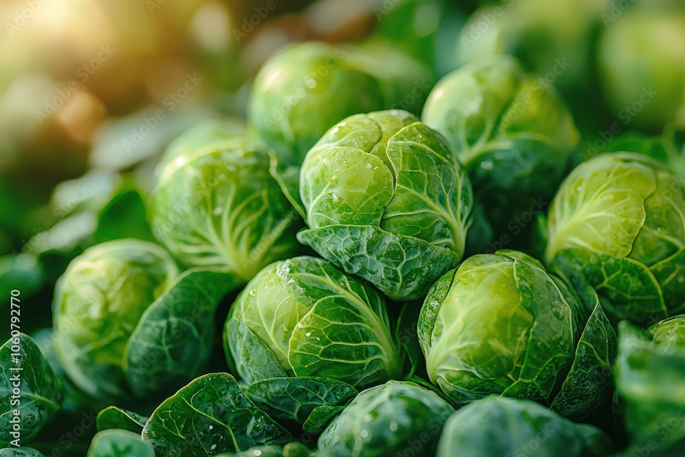 Fototapeta premium Close-up of Fresh Green Brussels Sprouts with Dewdrops