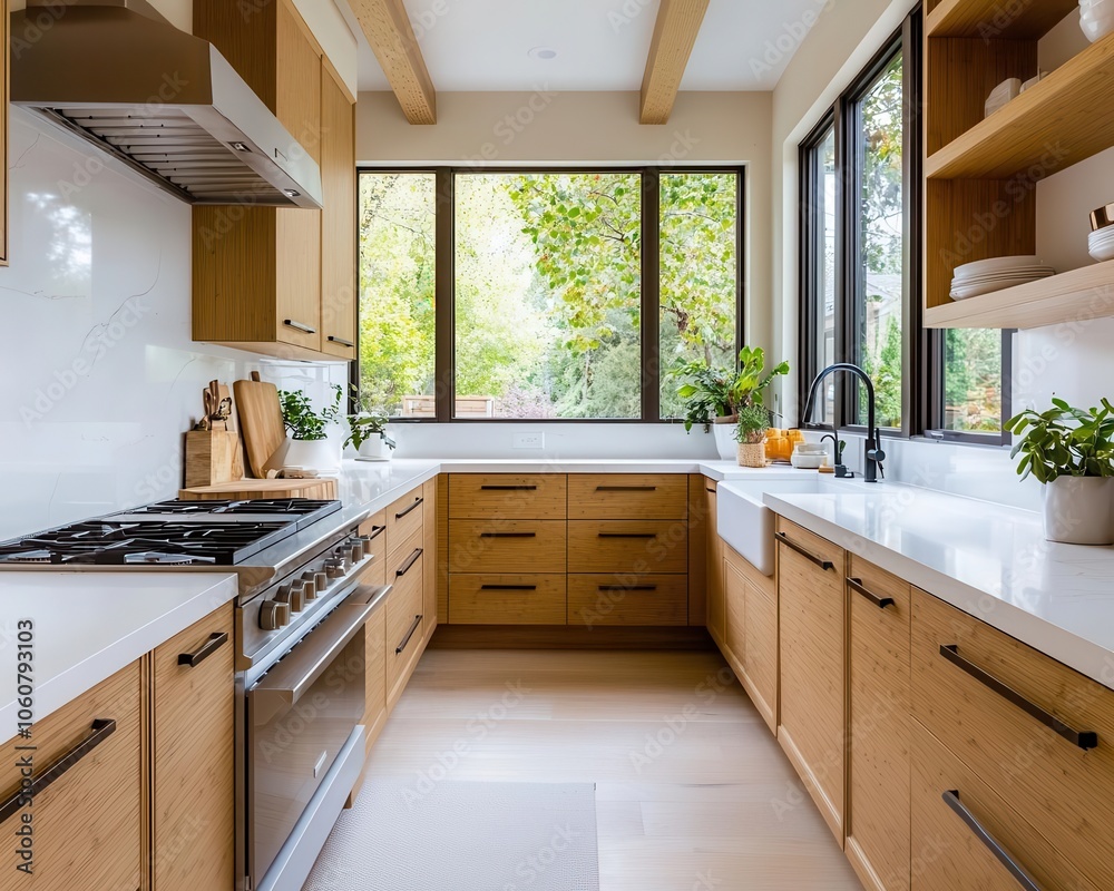 Lighttoned bamboo kitchen with wooden accents, lush greenery, and expansive windows for a natureinspired look