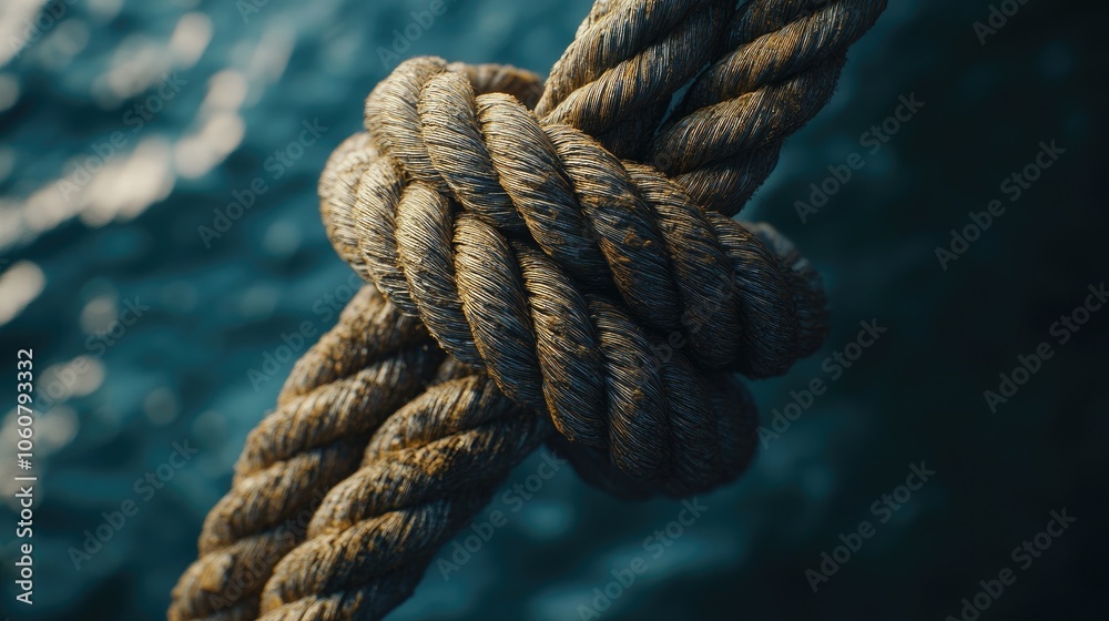 Detailed close-up of several ropes, highlighting a large knot that dominates the composition.