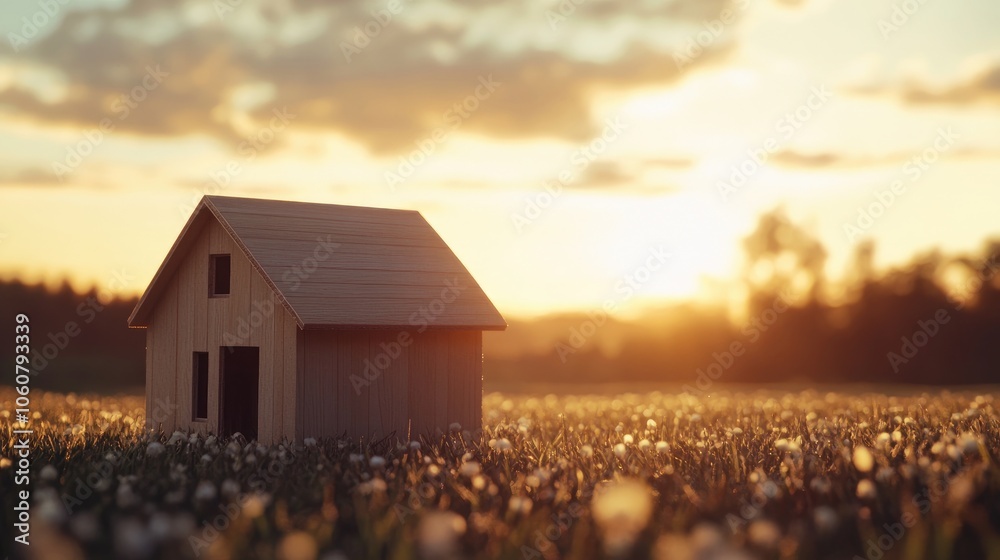 Ecological wood model house in empty field at sunset. Ecological wood model house in empty field at sunset.