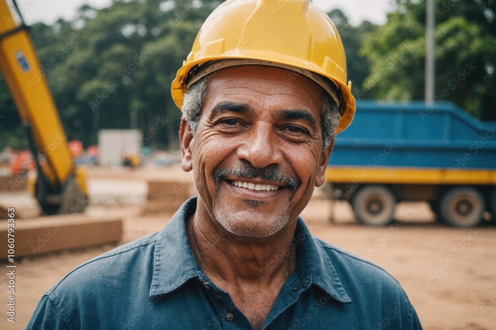 Close portrait of a smiling senior Brazilian man construction worker looking at the camera, Brazilian outdoors construction site blurred background Close portrait of a smiling senior Brazilian man construction worker looking at the camera, Brazilian outdoors construction site blurred background