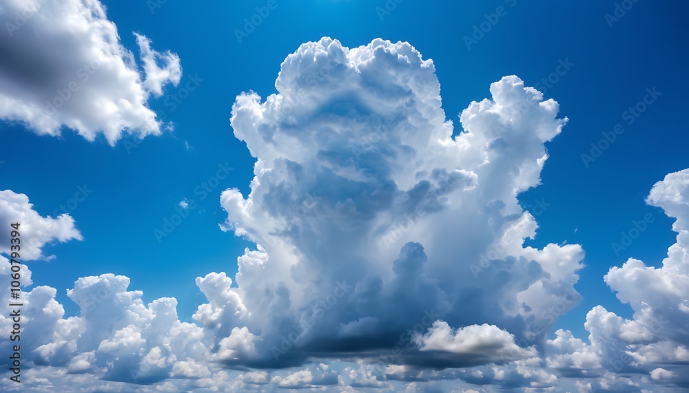 Naklejka premium Stunning sky photography, fluffy white cumulus clouds, wispy cirrus clouds, bright azure blue sky, high contras