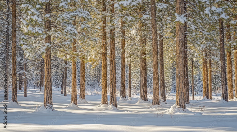 Fototapeta premium A snowy forest with tall pine trees and sunlight filtering through the branches.