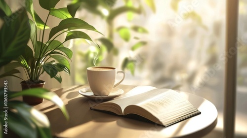 The illustration depicts a cozy afternoon with a book and coffee on the wooden table near a planter, with a bright sun beam shining through the glass window.