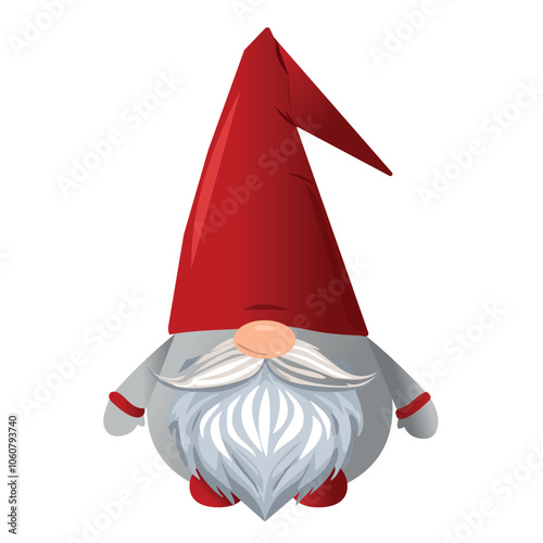 Cheerful gnome in a red hat with a beard. Gnome on a white background. Vector illustration in cartoon style. Scandinavian Christmas gnome. Scandinavian elements design for New Year cards, seasonal gre