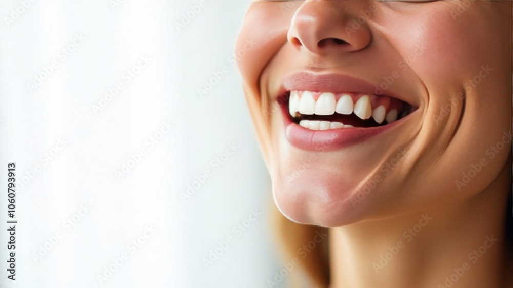 Laughing woman mouth with beautiful healthy white teeth on a white background. Place for text Laughing woman mouth with beautiful healthy white teeth on a white background. Place for text