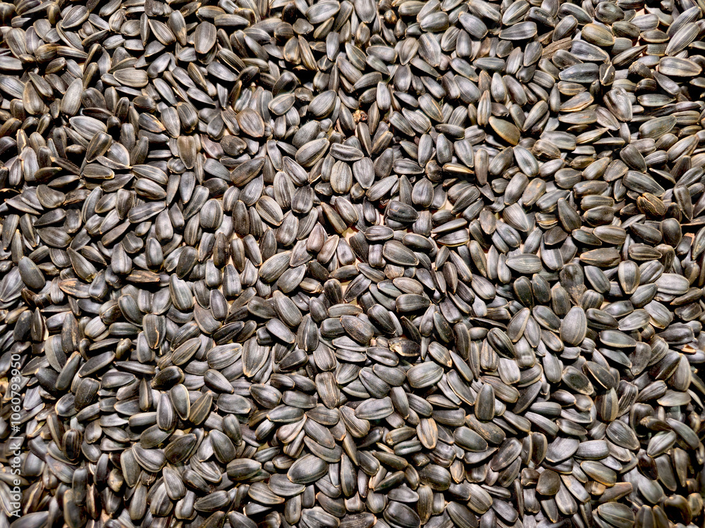 The background of the black seeds of the sunflower. Fried seeds scattered on the table. The background of the black seeds of the sunflower. Fried seeds scattered on the table.