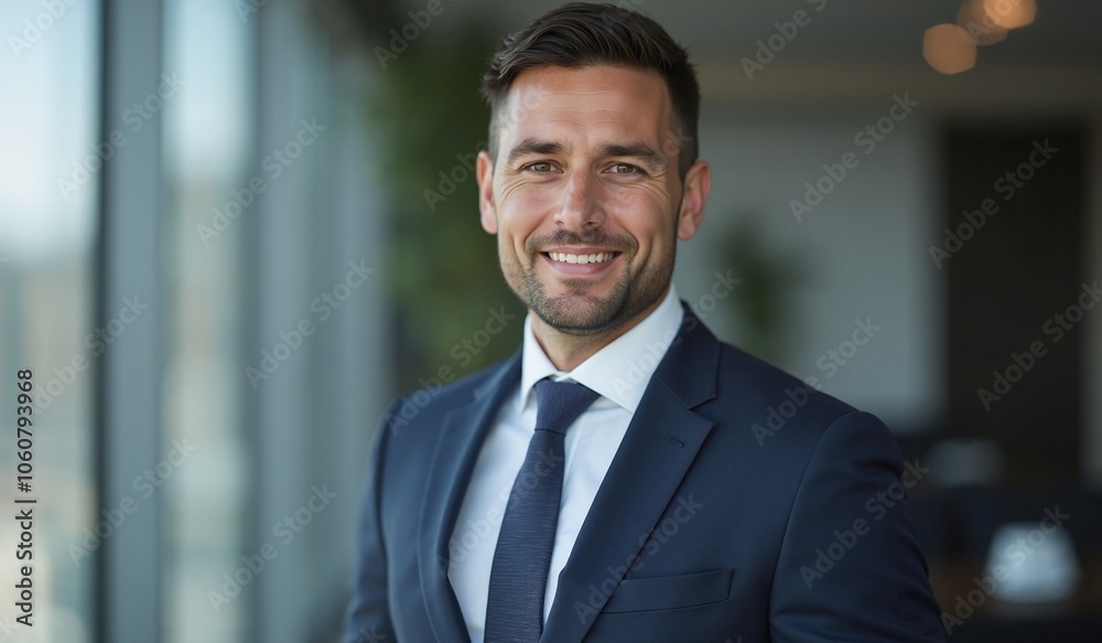 Confident businessman smiling in modern office setting with copy space Confident businessman smiling in modern office setting with copy space