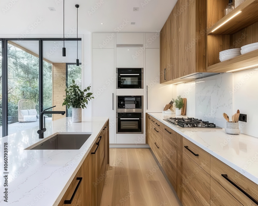 Fototapeta premium Contemporary bamboo kitchen with white marble accents, minimalist decor, soft lighting, modern ecofriendly style