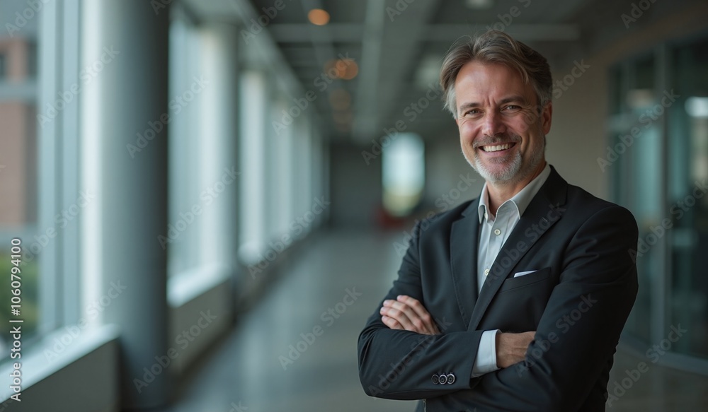Fototapeta premium Confident mature businessman smiling with arms crossed against modern office corridor
