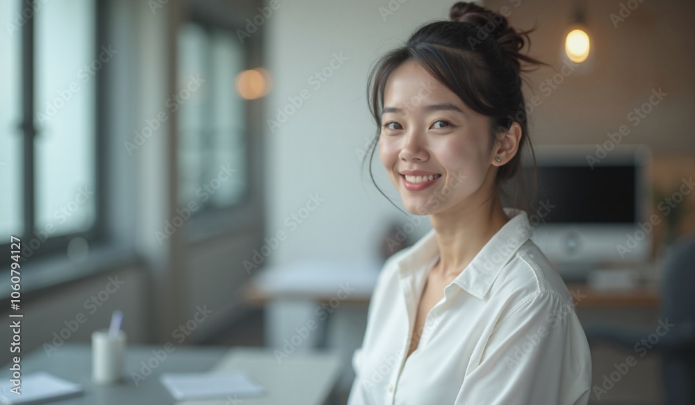 Young Asian Woman Smiling Cheerfully in Modern Office Setting Young Asian Woman Smiling Cheerfully in Modern Office Setting
