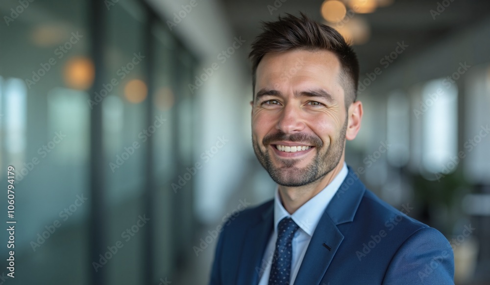 Confident businessman smiling warmly in modern office setting Confident businessman smiling warmly in modern office setting
