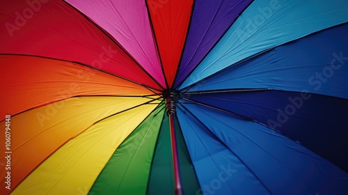 A detailed view of a rainbow umbrella, representing pride, showcasing its vivid colors in a close-up shot.